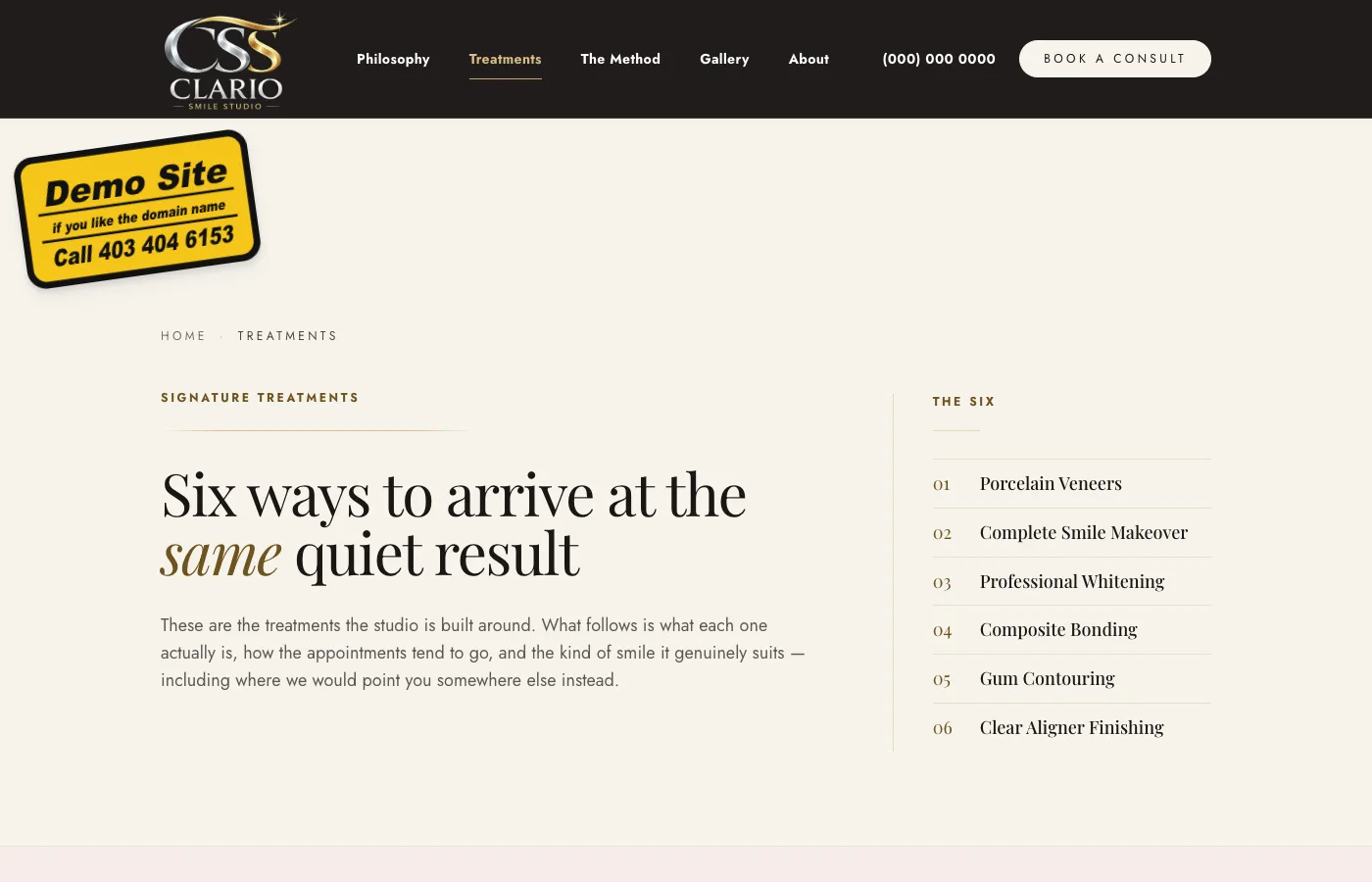 Clario Smile Studio treatments page screenshot