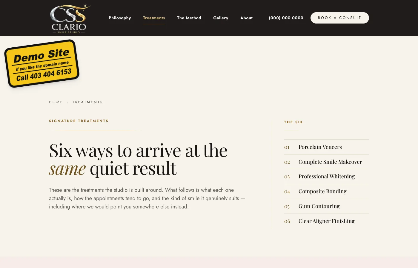 Clario Smile Studio treatments page screenshot