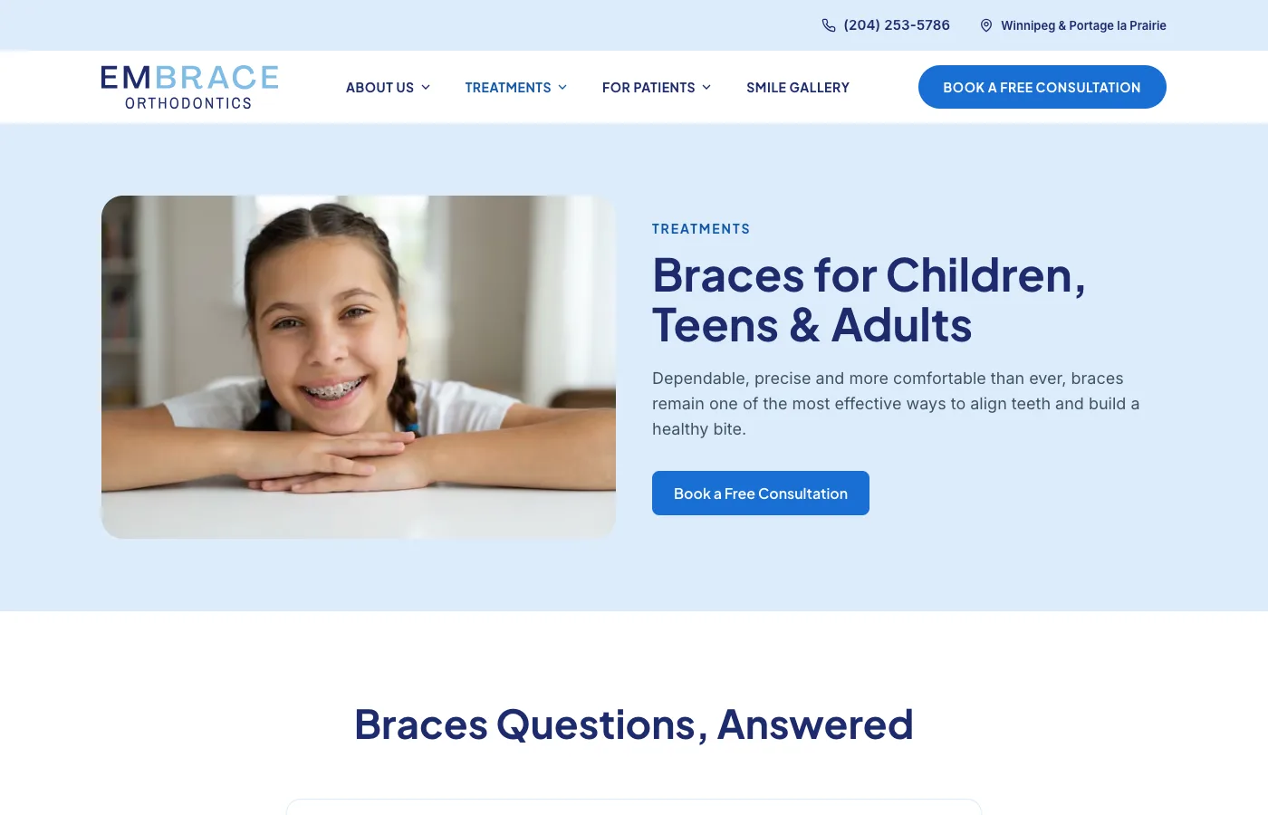 Braces treatment page on the Embrace Orthodontics Manitoba website