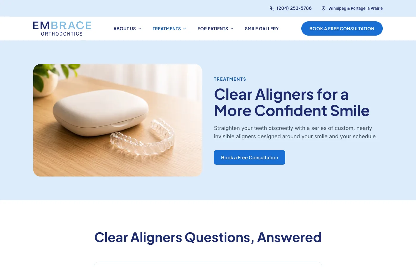 Clear Aligners treatment page on the Embrace Orthodontics Manitoba website