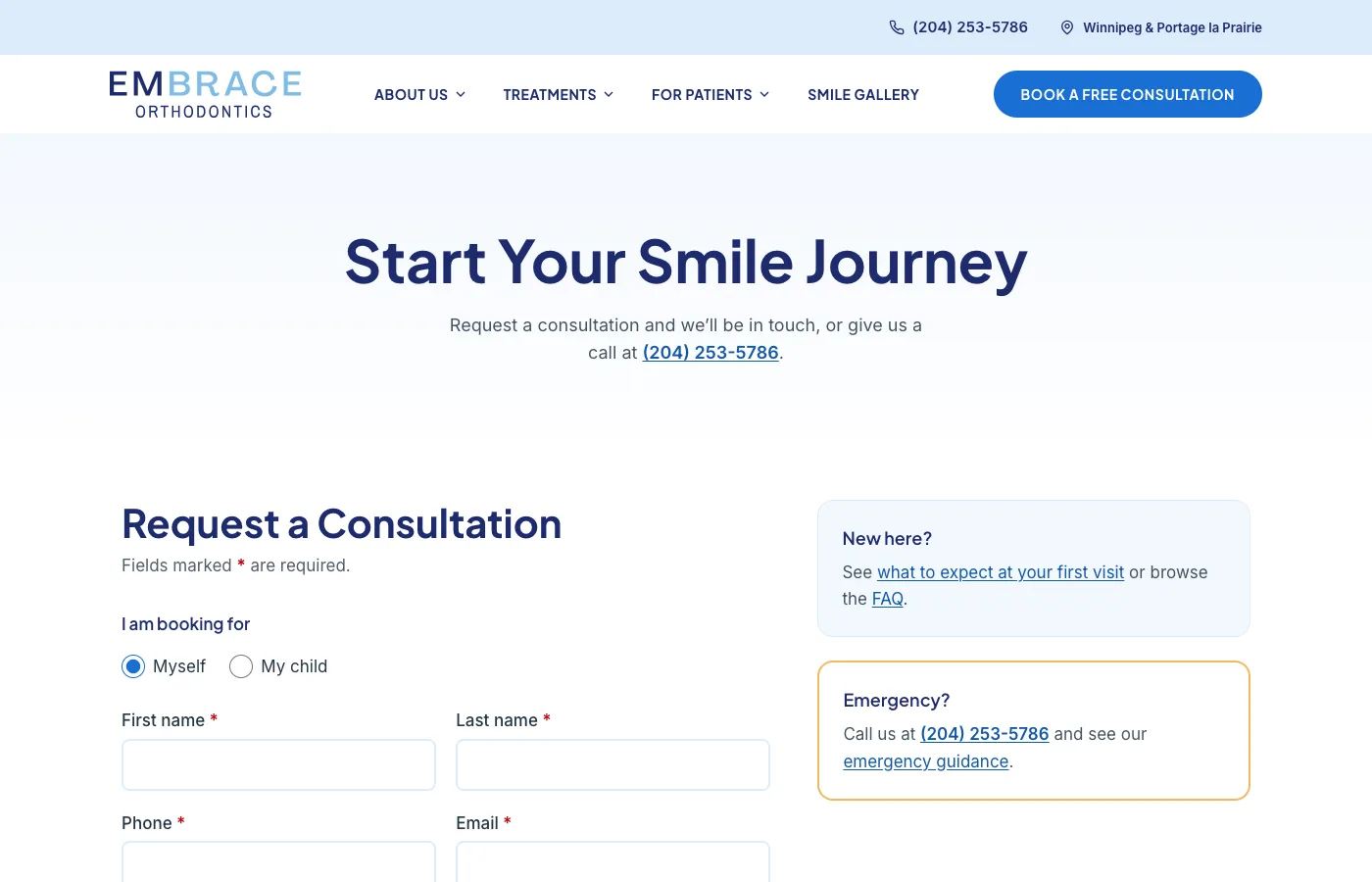 Consultation request form on the Embrace Orthodontics Manitoba website