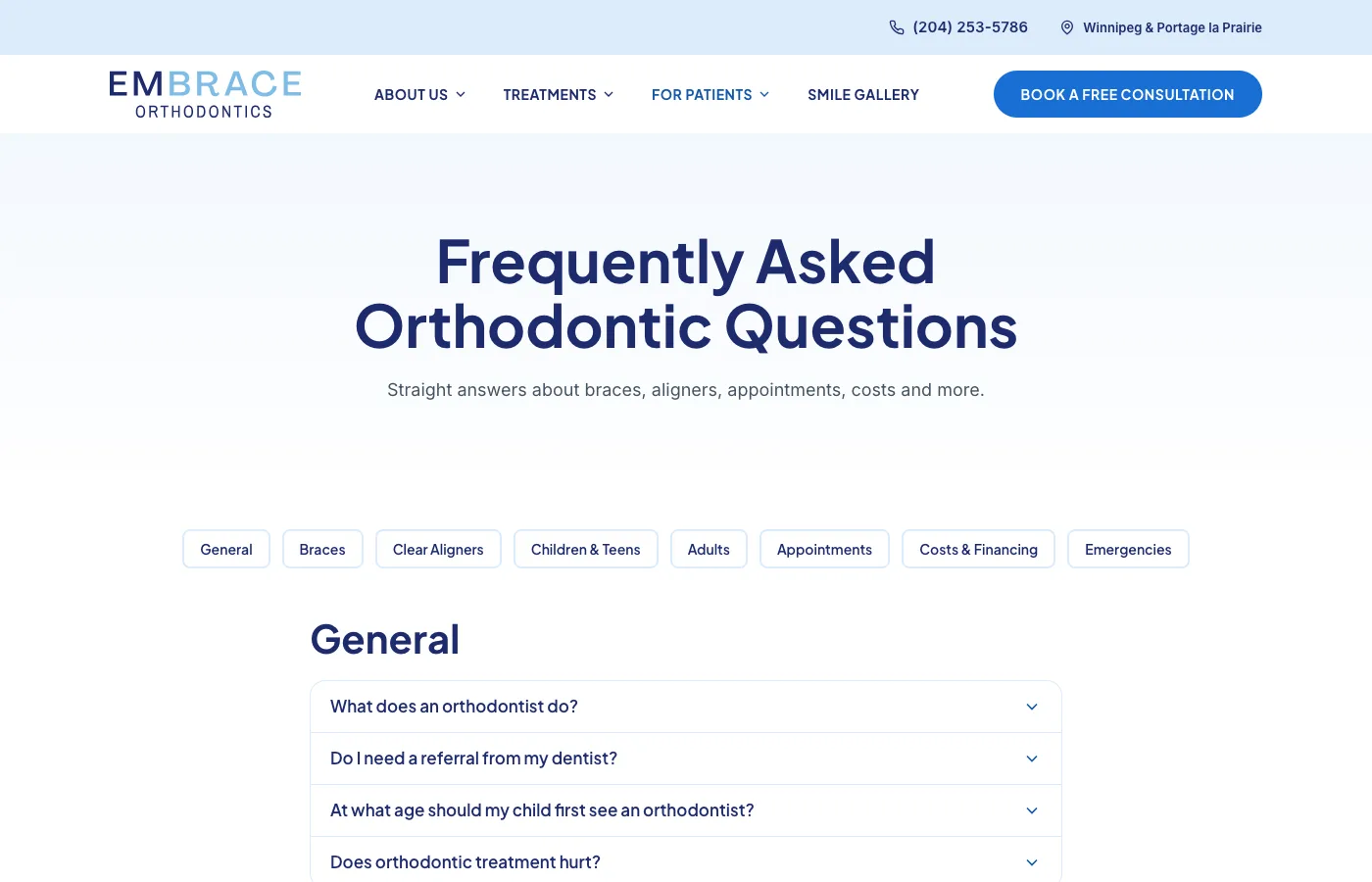Orthodontic FAQ page with questions grouped by topic
