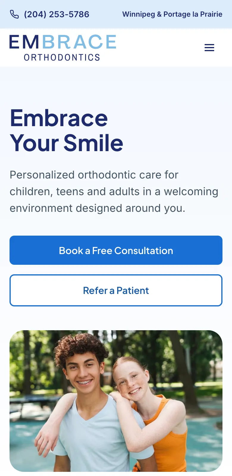 Homepage of the Embrace Orthodontics Manitoba website on a phone