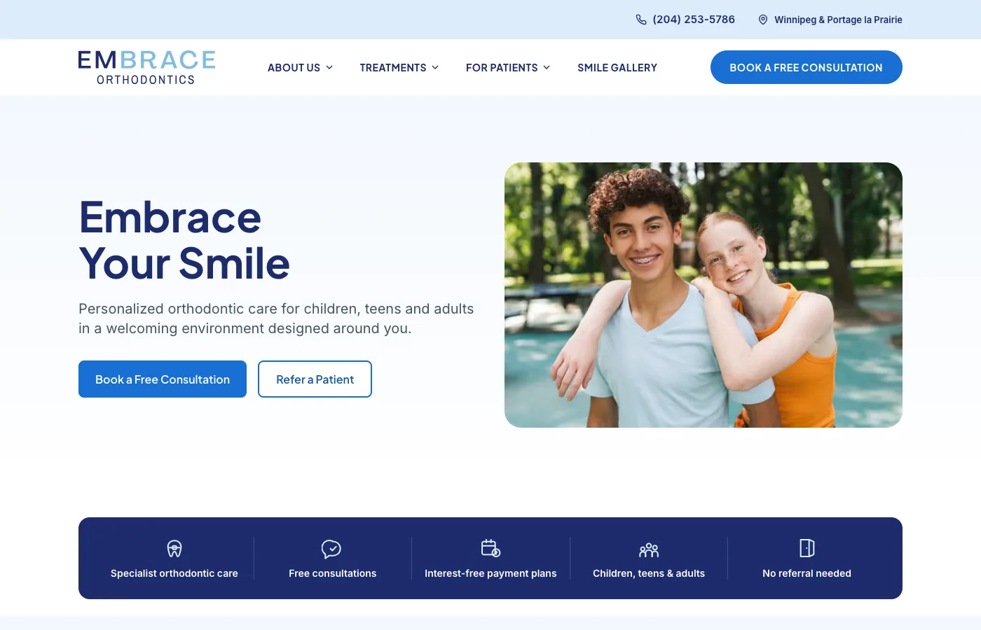 Homepage of the Embrace Orthodontics Manitoba website on desktop