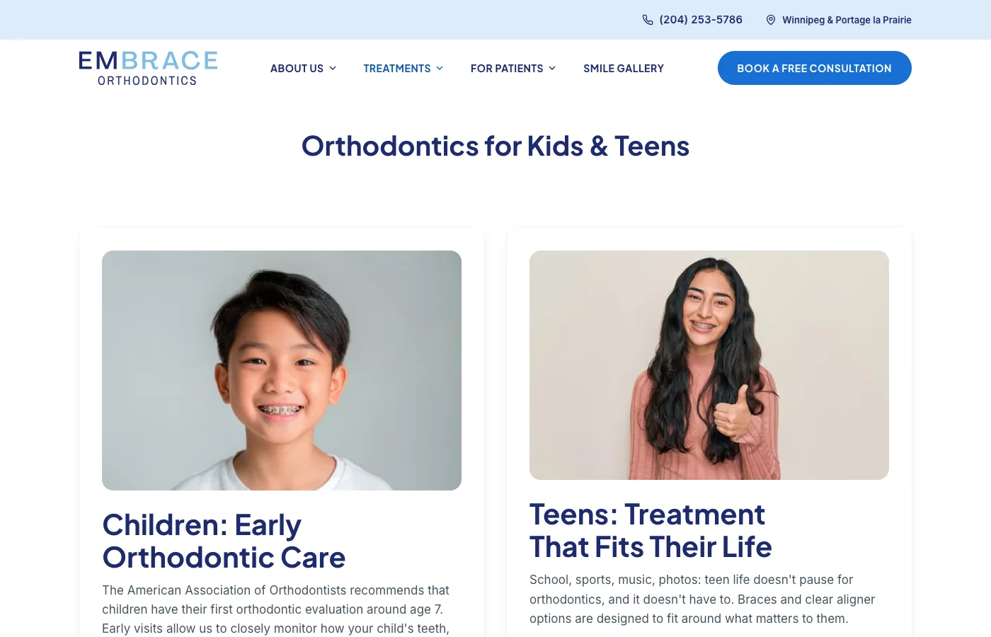 Kids and Teens page on the Embrace Orthodontics Manitoba website