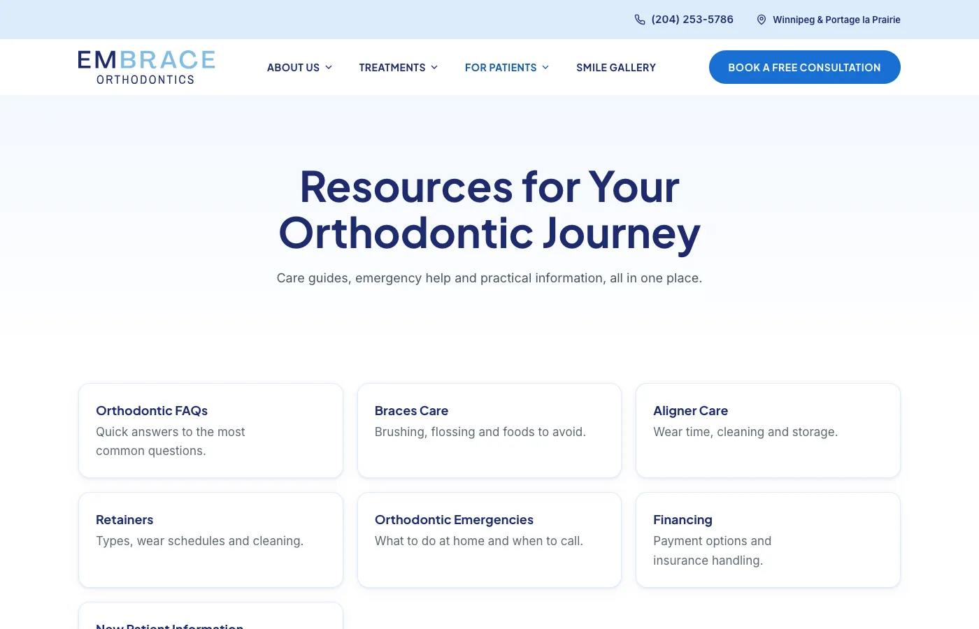 Patient Resources page with care guides and practical information