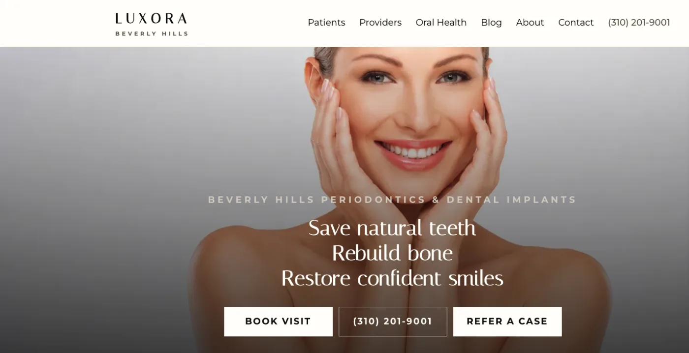 Luxora Beverly Hills — dental website hero, alternate design by Dentx